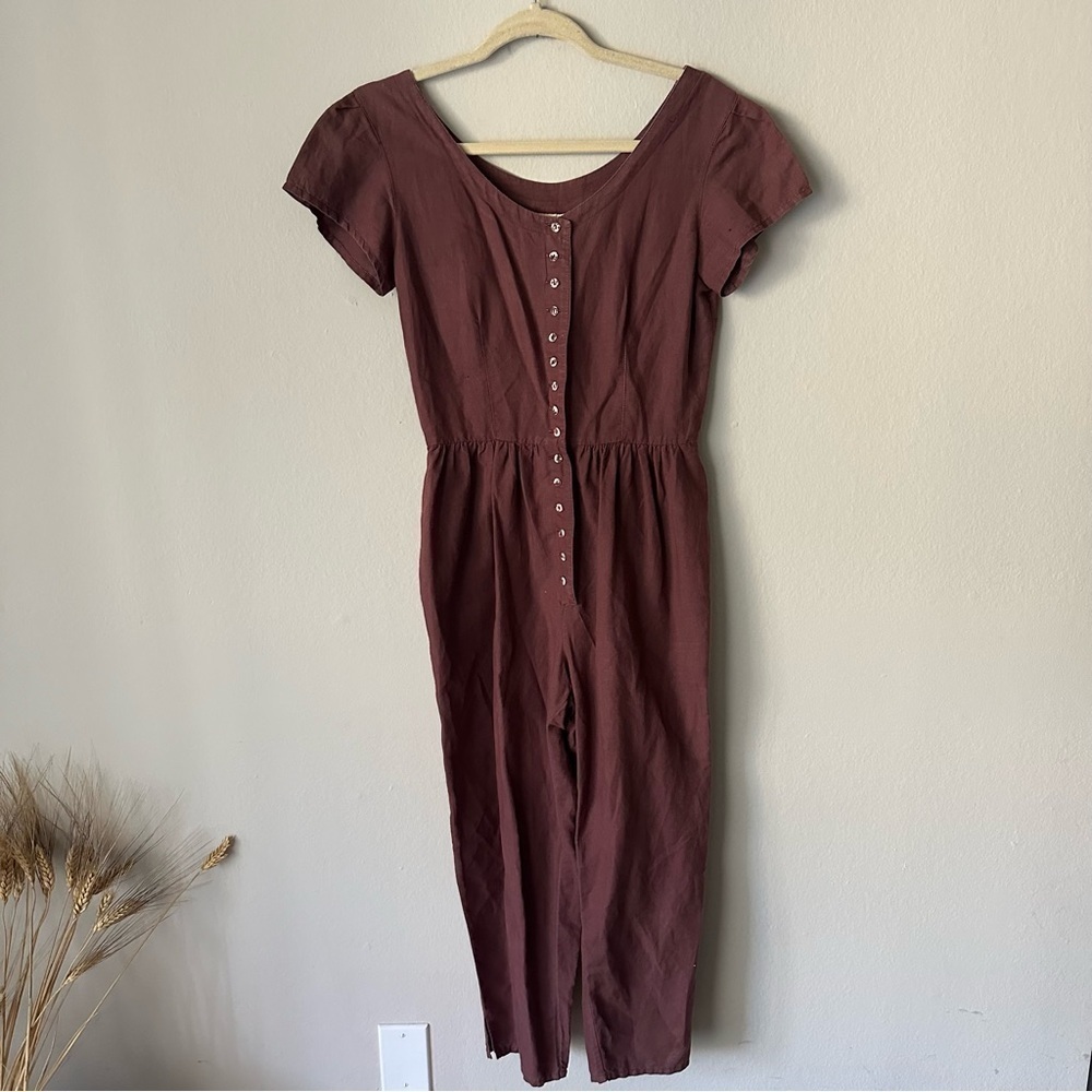 Sisley Linen Blend Button Jumpsuit Made in Italy in Burgundy